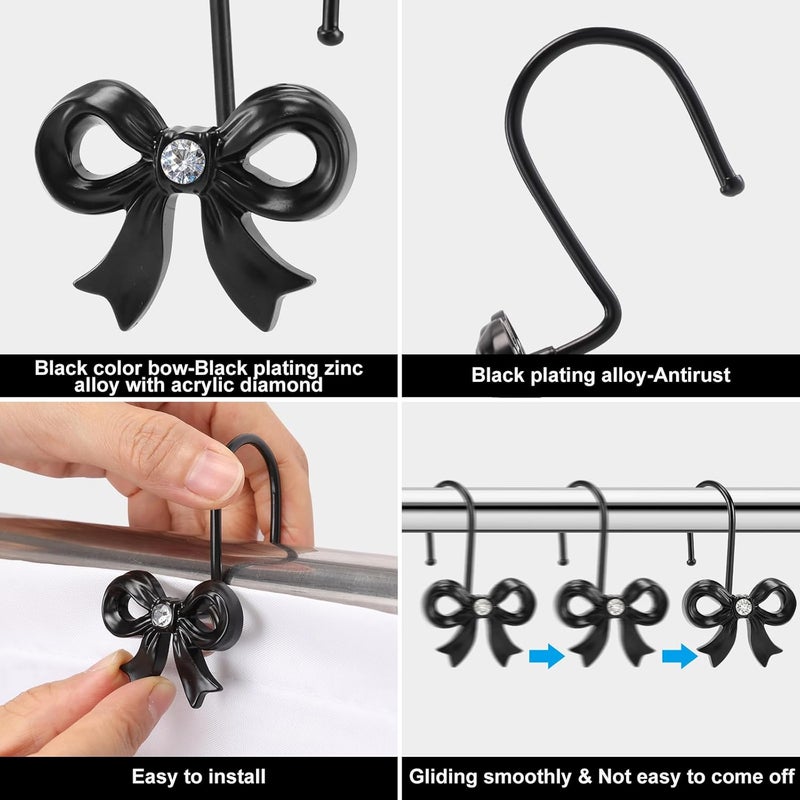YanKiTour Black Bow Shower Curtain Hooks, 12 Pack Metal Decorative Rings, Rust Proof Bow Knot Design for Bathroom Bedroom Living Room Baby Room Nursery Art Decor (Black 3) - Image 3